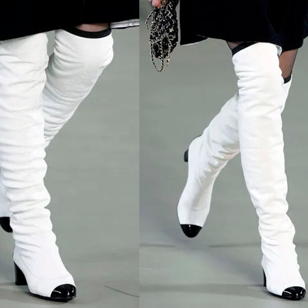 CHANEL fall 2006 runway thigh high boots stretch lambskin patent cap toe 38
